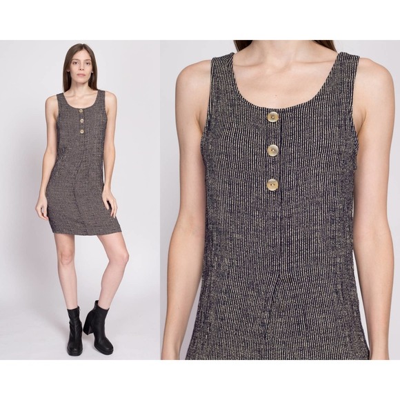 90s Striped Knit Fitted Mini Tank Dress - Medium | Vintage Grunge Pinafore Dress - Picture 1 of 8
